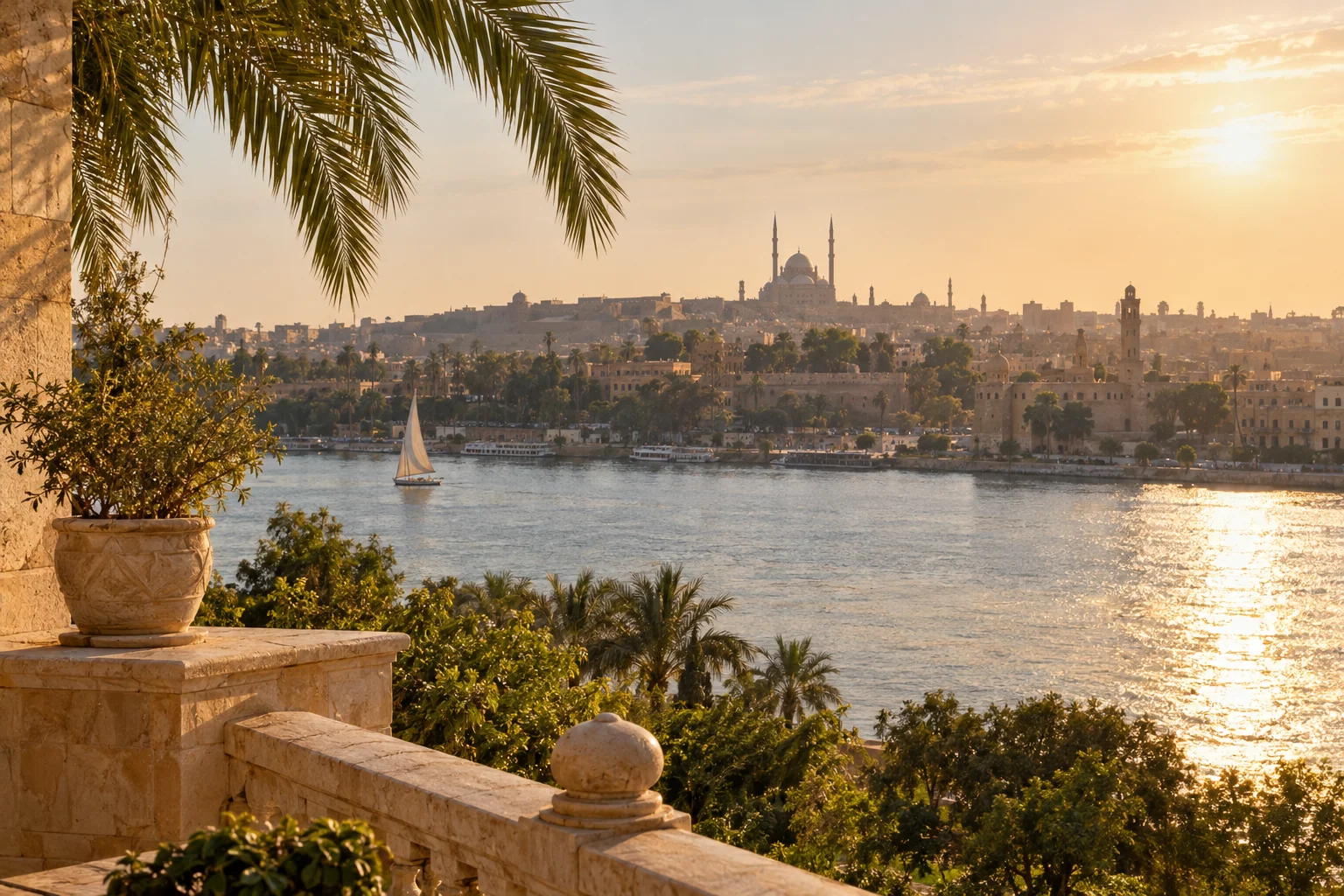 Golden evening light over the Nile and Cairo